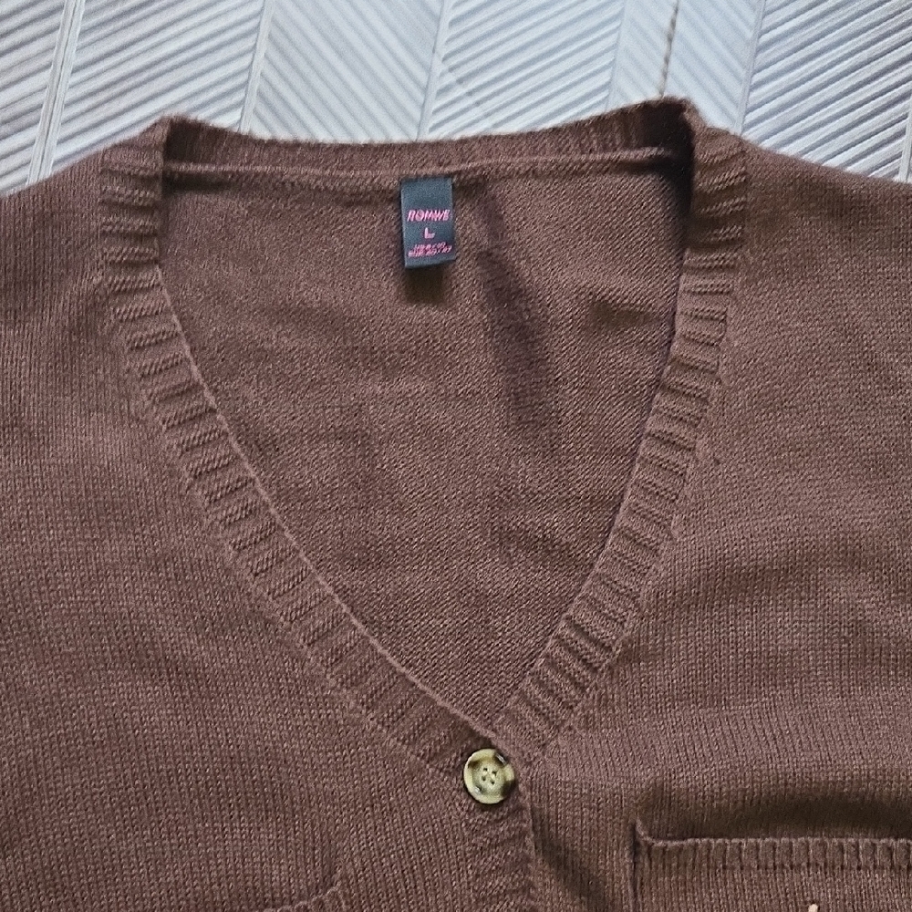 Cropped Brown Cardigan Sweater Embroidered Sun Pockets V-Neck Button Front Large - Picture 4 of 15